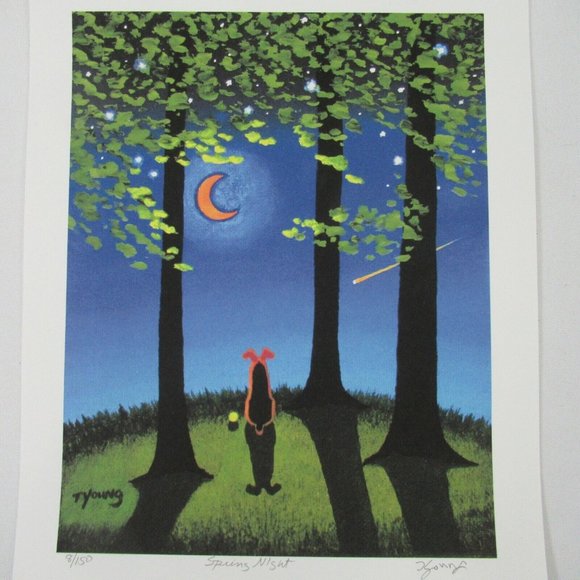 Todd Young Art Print Numbered 8 of 150 Signed Spring Night Dog Moon Tree Shadow - Picture 1 of 7
